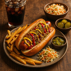 Classic Hot Dog Meal with Fries and Sides on Wooden Table