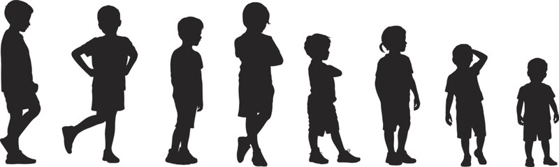 Silhouette children standing in various poses, creative kids posture collection, isolated black figures, childhood concept design elements, flat vector illustrationPrint