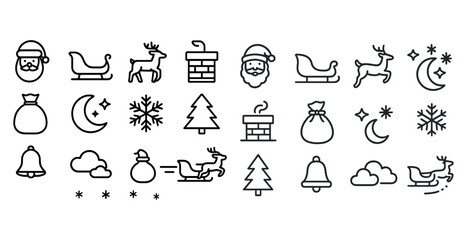 Obraz premium Festive christmas icons: santa, sleigh, reindeer, snowflakes, trees, chimney, bells, moon