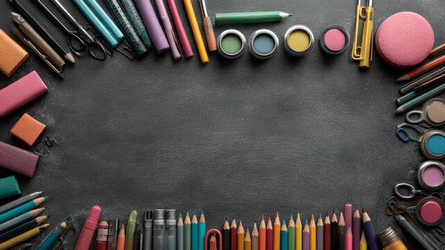 Overhead Flat Lay of Colorful Art Supplies Bordering a Dark Gray Textured Background with Copy Space for Graphic Design and Creative Projects
