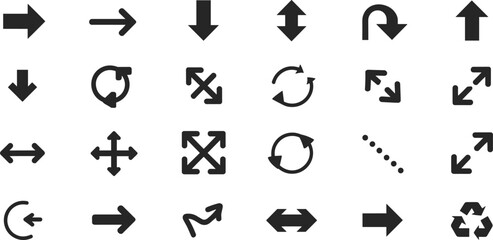 Arrow direction icons set, navigation signs, rotate symbols, curved arrows, expand indicators, minimal black arrow collection, flat vector illustration