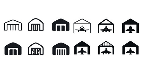 Variety of airplane hangar icons in black and white vector set