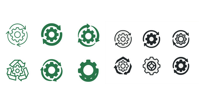 Green and black gear icons with arrows representing recycling and process concepts