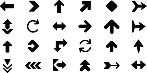 Flat vector illustration of diverse directional arrow icons set, navigation symbols, movement signs, pointing indicators, interface elements for digital design