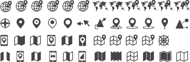 Global map navigation icons set, location pin symbols, world map markers, mobile GPS elements, travel direction signs, flat vector illustration © PARUL