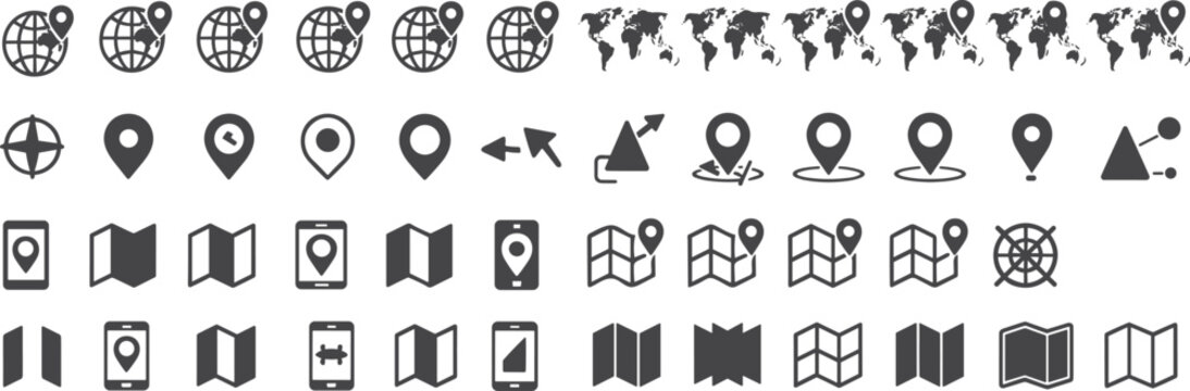 Global map navigation icons set, location pin symbols, world map markers, mobile GPS elements, travel direction signs, flat vector illustration