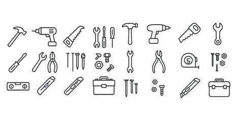 Collection of hand tools and equipment icons in black and white outline style