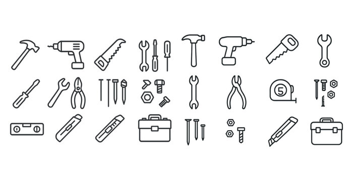 Collection of hand tools and equipment icons in black and white outline style