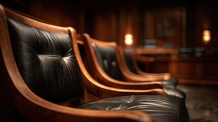 Leather chairs lined up in a dark wood courtroom with warm lighting and a blurred background showcasing a traditional legal setting with polished seats and classic interior design elements