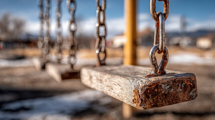 Rusty metal chains holding weathered wooden swing seats on playground with blurred background of snow patches on ground and distant trees under blue sky