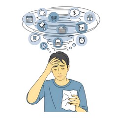 Man overwhelmed by financial stress and debt, holding crumpled paper, with swirling icons of bills and tasks above his head.