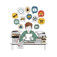 Overwhelmed man at desk with many tasks and thoughts.