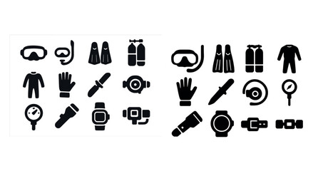 Fototapeta premium Diving equipment icons: masks, fins, snorkels, and scuba gear in black and white