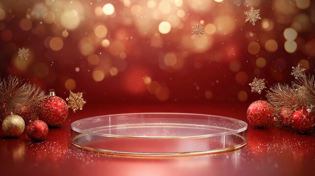 Empty display podium on snow with seasonal red christmas ornaments and falling snowflakes