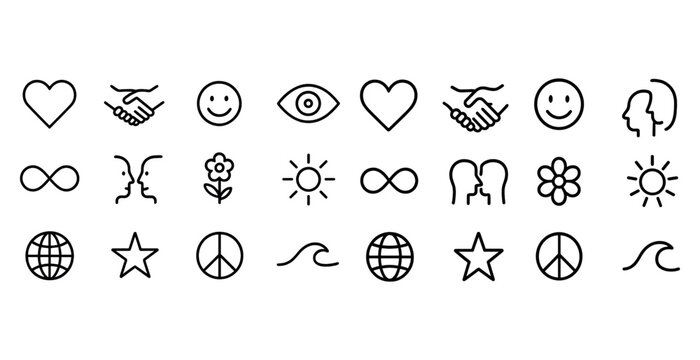 Minimalist icon collection with heart, smiley, star, peace, and infinity symbols