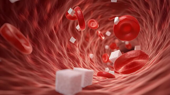 Dynamic blood cells with glucose molecules &mdash; vivid biomedical visualization of sugar&ndash;blood interaction