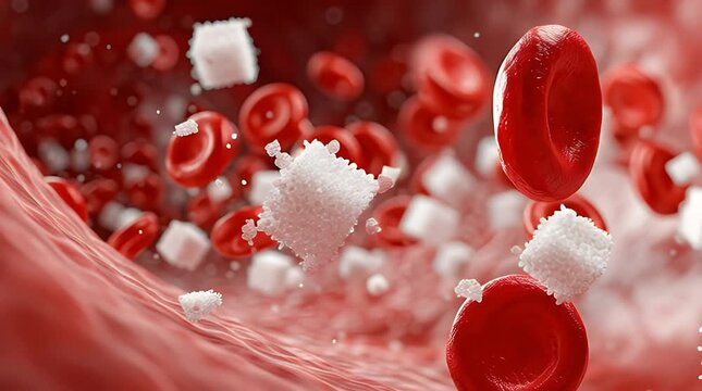 Blood Sugar Interaction &mdash; Red Blood Cells with Glucose Molecules, Medical Illustration Diagram