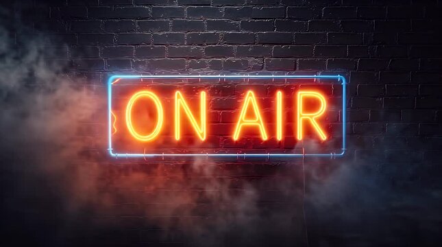 Neon &ldquo;ON AIR&rdquo; sign glowing in dark studio with smoke and reflections &mdash; live radio and podcast background