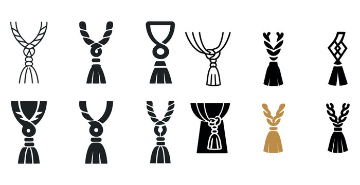 Collection of knots and tassels icons in black and gold