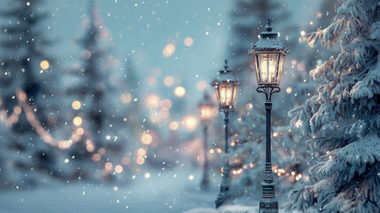 Snowy winter pathway lined with glowing vintage lampposts and frosted pine trees, with gentle snowfall and warm bokeh lights creating a magical, serene holiday atmosphere.
