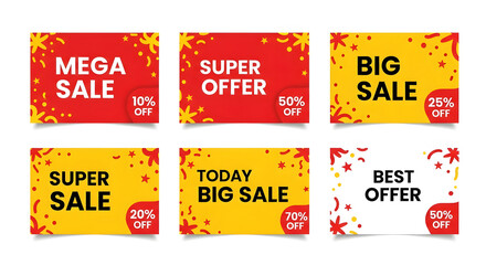 Set of six colorful super offer and mega sale promotional banners with various discount percentages ideal for annual black friday marketing campaigns.