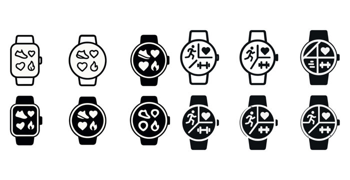 Digital fitness tracker icons displaying health and activity metrics