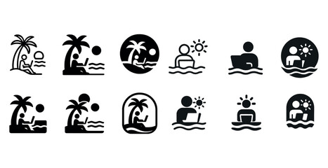 Summer beach vacation icons set featuring sunbathing and laptop work silhouettes