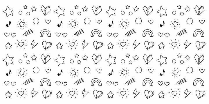 Hand drawn doodle pattern with stars hearts rainbows and musical notes