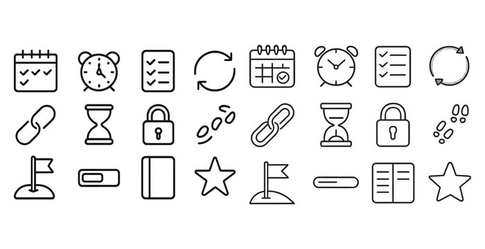 Icons set: calendar, clock, checklist, cycle, hourglass, lock, chain, flag, star