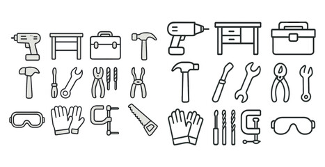 Obraz premium Outline icons of tools and equipment including hammer, drill, saw, and toolbox