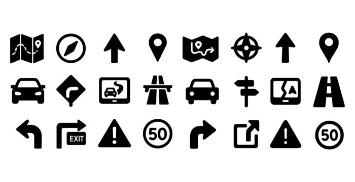Navigation and traffic icons set featuring arrows, maps, and road signs