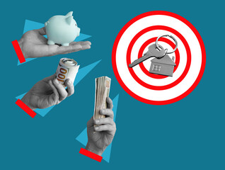 Hands with cash and savings aiming at house keys. Home ownership and financial planning.