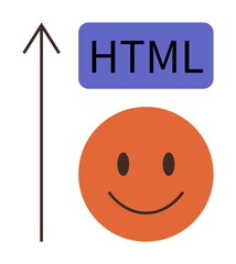 Fototapeta premium Upward arrow, HTML text, and smiling face symbolizing growth, positivity, creativity, innovation, coding, teamwork, and success in web development presented as a simple flat metaphor