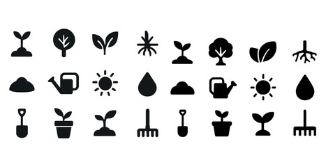 Simple gardening icons set: plants, tools, and nature elements