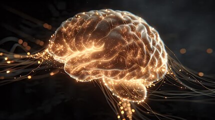 3D glowing brain in black void with pulsing neural filaments — neuroscience animation visualization - Powered by Adobe