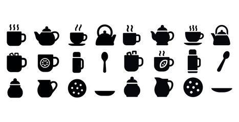 Silhouette icons of teapots, cups, mugs, spoons, and plates