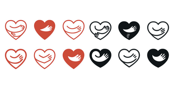 Heart and hug icons in red and black variations for love and care concepts