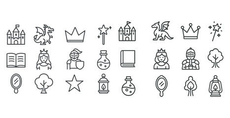 Fototapeta premium Fantasy icons set with castles dragons crowns wizards and knights