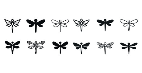 Set of 12 black dragonfly silhouette icons in various styles