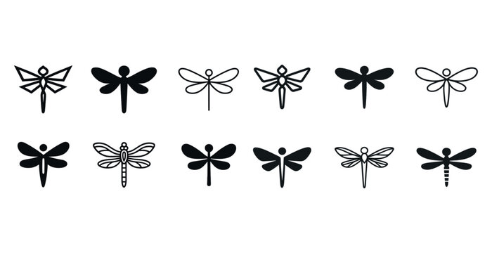 Set of 12 black dragonfly silhouette icons in various styles