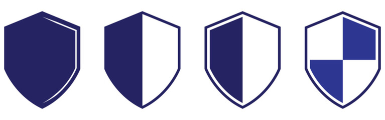 Blue vector isolated shield icons set. Privacy safety shield icons set on white background. Secure safety shield silhouette icons on white background. EPS 10. 