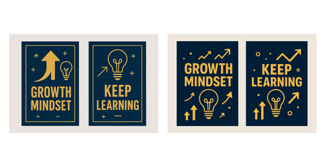 Inspirational growth mindset and keep learning posters with arrows and light bulbs