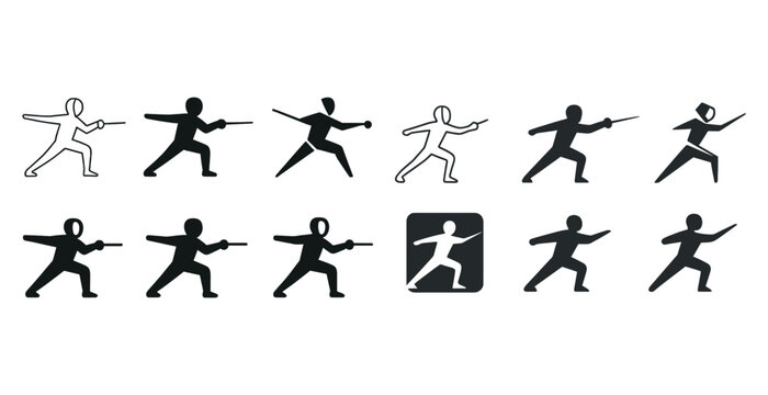 Fencing icon set: diverse poses of fencers in black and white silhouettes