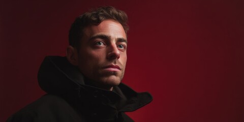 Young caucasian male with intense gaze against deep red background