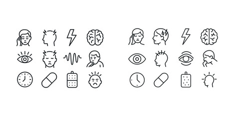 Headache symptoms and migraine triggers icon set