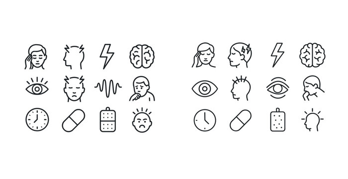 Headache symptoms and migraine triggers icon set