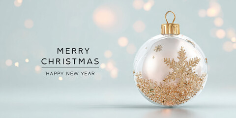 Elegant white and gold Christmas bauble with a snowflake design on a light blue background with bokeh lights and holiday greetings.