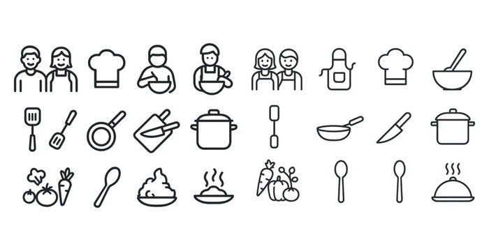 Outline icons of cooking tools and chefs in various kitchen settings