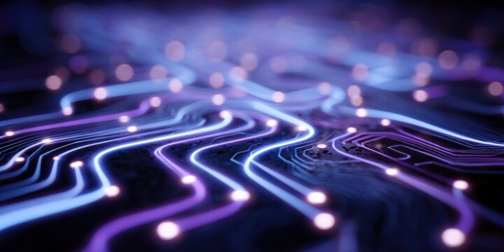 Futuristic neon circuit pathway with glowing lights in dark abstract technology scene