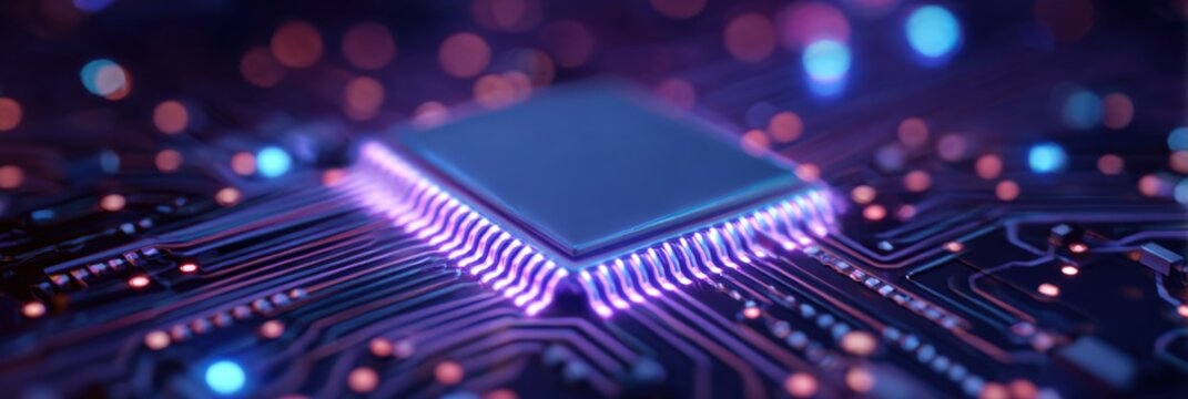 Close-up of a glowing microchip on a circuit board
